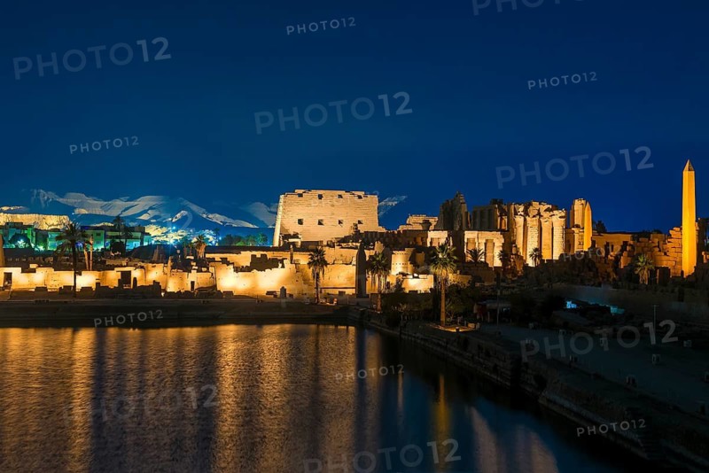 Light show, illuminated, evening, blue hour, Karnak Temple, UNESCO World Heritage Site, Luxor, Egypt