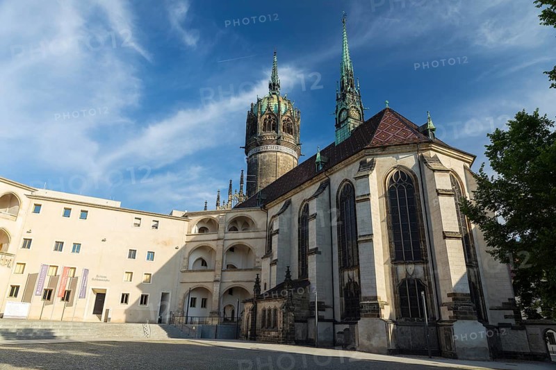 Castle church and tower of the castle church from the courtyard of the castle, Luther city Wittenberg, Saxony-Anhalt, Germany