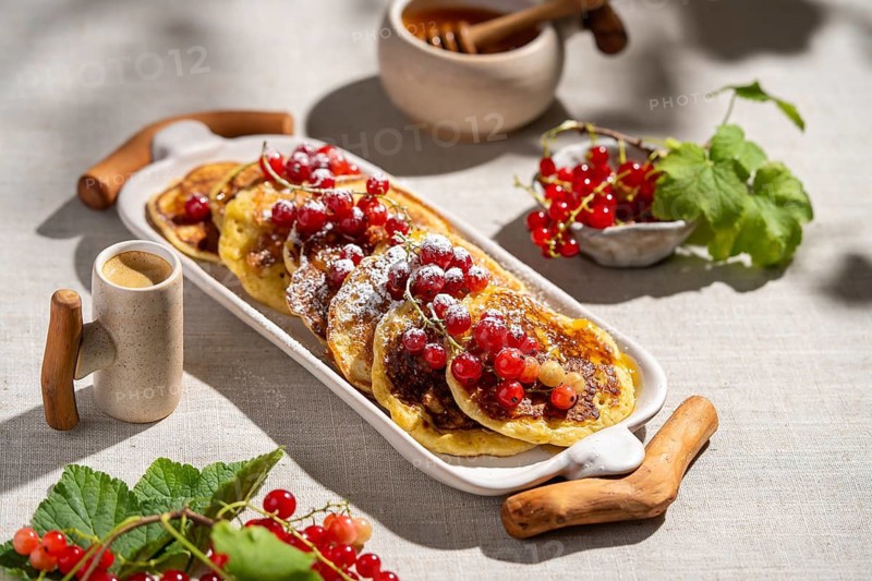 From above, delicious pancakes adorned with red currants are served on a white ceramic plate. They rest on a textured beige fabric, creating a delightful breakfast scene