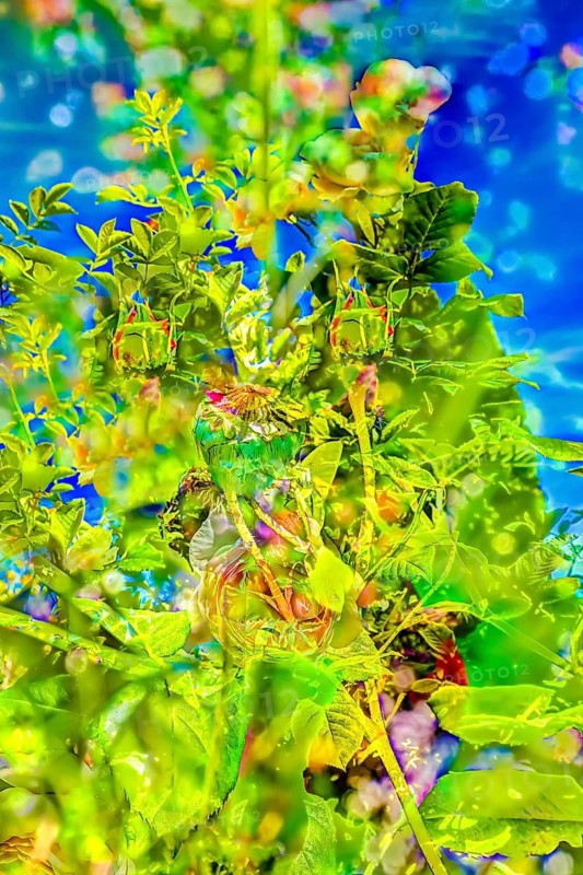 Oil painting, bright leaves, lush green, flowers creative, different plants mixed, artistic shot, alienated flowers, plants, impressionistic art style, vivid spring atmosphere, allover, alienation, dense flower field, bright colours, garden, bed, plants, Germany