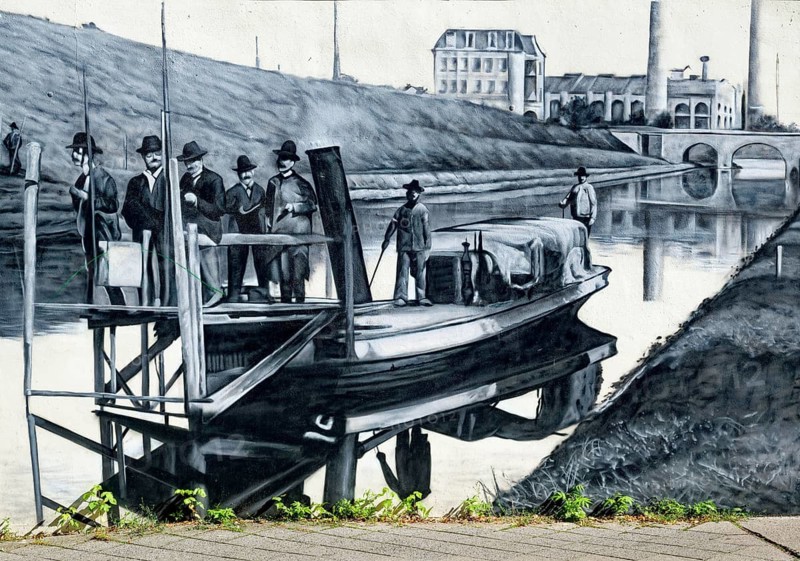 Wall painting, graffiti, construction of the canal in Leipzig's western suburb, Karl Heine, entrepreneur, lawyer, industrial pioneer, visionary, builder of the Leipzig Karl Heine Canal, Leipzig-Plagwitz, Plagwitz, Leipzig, Saxony, Germany