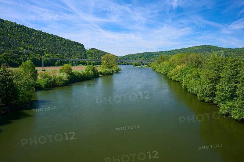 Peaceful river landscape between green hills and clear blue sky, Main, Gemünden am Main, Main-Spessart district, Spessart, Mainfranken, Lower Franconia, Bavaria, Germany