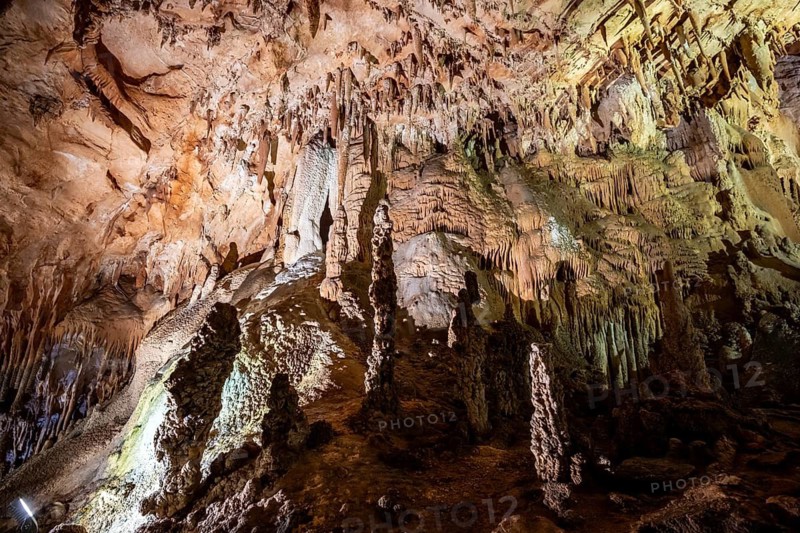 Stalactites and stalagmites, rock formations in a stalactite cave, Grotta del Fico, Gulf of Orosei, Baunei, Sardinia, Italy