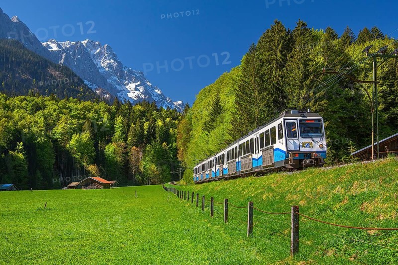 Bayerische Zugspitzbahn cogwheel railway with Zugspitze 2962m in spring, Grainau, Werdenfelser Land, Upper Bavaria, Bavaria, Germany