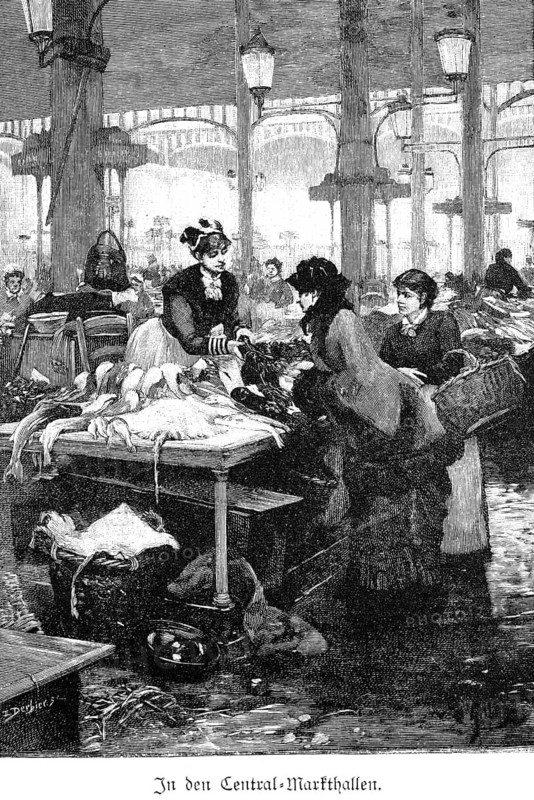In the Central Market Halls, Halles Centrales, Paris, 1st arrondissement, trade, fresh food, market stall, seller, fish, lanterns, columns, economy, shopping basket, France, historical illustration c. 1898