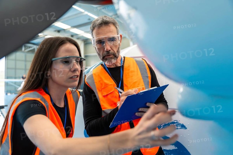 Aviation engineers conducting a thorough safety inspection and checklist review on an airplane in a hangar, demonstrating teamwork, maintenance, and expertise in aerospace engineering