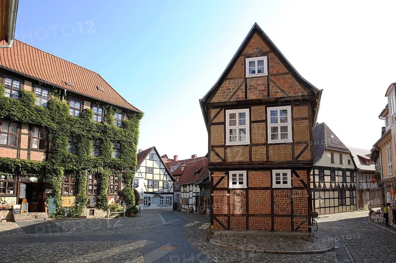 Historic half-timbered houses, Finkenherd, brick house, Schlossberg, Quedlinburg, Harz, Saxony-Anhalt, Germany