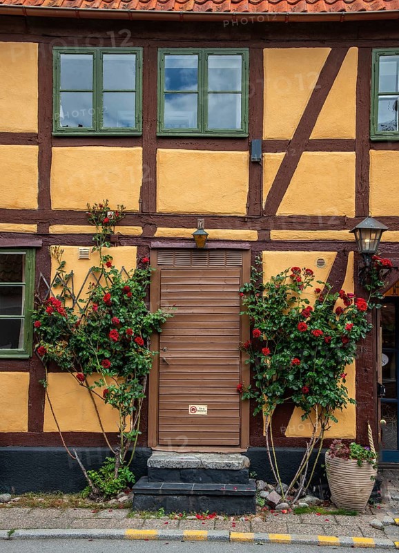 Door with roses in the facade of an older half-timbered house in Ystad, Skåne County, Sweden, Scandinavia