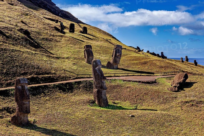Hill with several Moai statues and a view of the sea under a blue sky, The Moai Statues on Easter Island in the Pacific Ocean