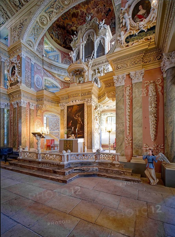 Chancel with the two-storey organ, baroque church, baroque castle church of St Trinitatis at Christiansburg Castle, interior view, Eisenberg, Saale-Holzland district, Thuringia, Germany