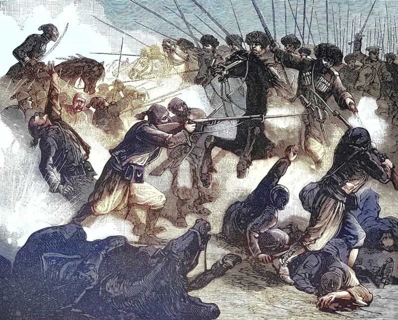 The first clash between the opposing armies on the right bank of the Danube during the Russo-Ottoman War (1877–1878), a reproduction of a 19th-century original. Authentic, file restored for optimal use, exact date of the original unknown, nostalgically coloured