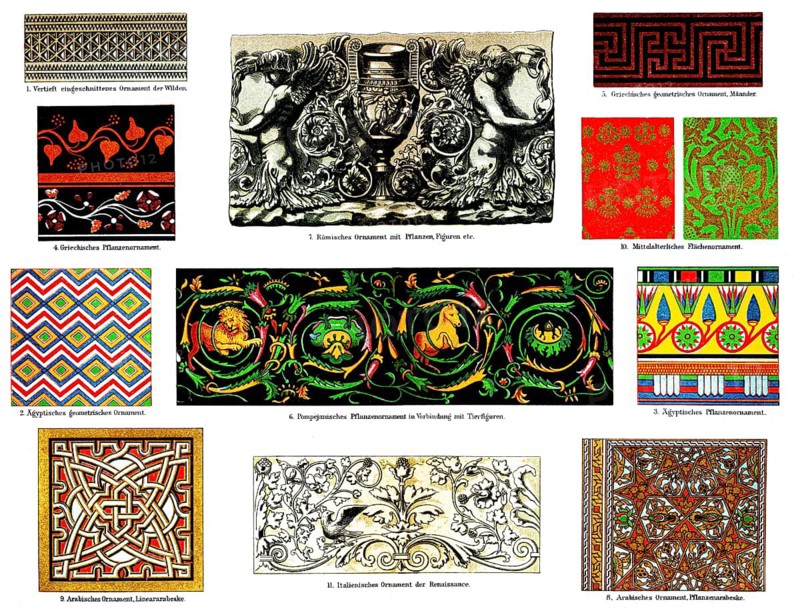 Polychrome ornaments, vertift incised wild ornament, Greek plant ornament, Arabic ornament, linear arabesque, Italian ornament, plant arabesque, Egyptian plant ornament, medieval surface ornament, Greek geometric ornament, meander, Roman ornament with plants, figures, etc., Pompeian plant ornament associated with animal figures, colorful, multicolor, pattern, Egypt, Arabesque, Pompeii, color historical illustration 1885