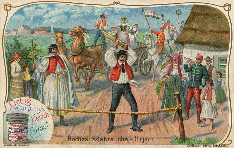Photo series wedding customs, traditional Hungarian wedding rites. In the foreground, you can see men blocking the way with a rope. This is a common custom in which the bridegroom or the wedding party must clear the way through a symbolic payment, exoneration, or passing a small examination, favorite picture, digitally restored reproduction of a collector's painting from around 1900, exact date unknown