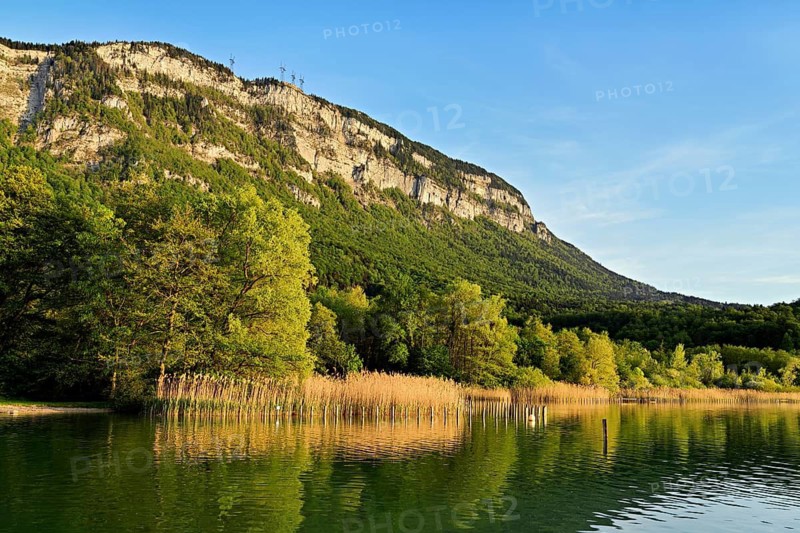Lac d'Aiguebelette, large natural lake at the foot of the Épine Mountains, Aiguebelette-le-Lac, Savoie Department, France