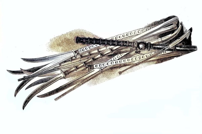 Collection of Chinese weapons captured by British officers during the First Opium War (1840–1842), collection of traditional military weapons from the Qing Dynasty, illustration, reproduction of a 19th-century original. Authentic, file restored for optimal use, exact date of the original unknown, historical, nostalgically coloured