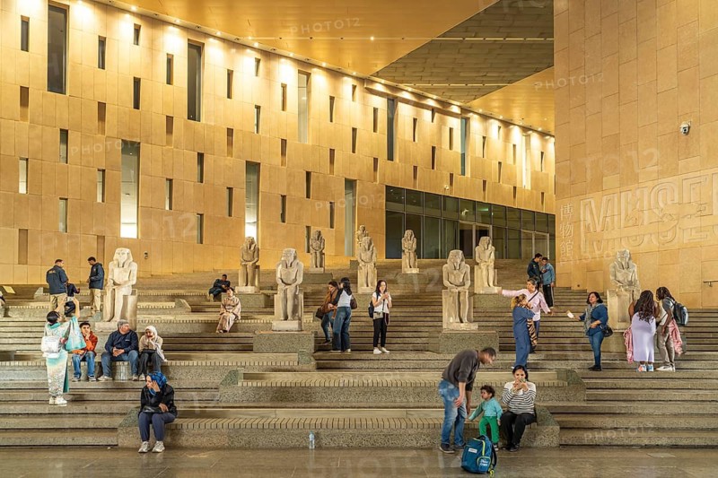 The grand main staircase of the Grand Egyptian Museum in Giza, Egypt