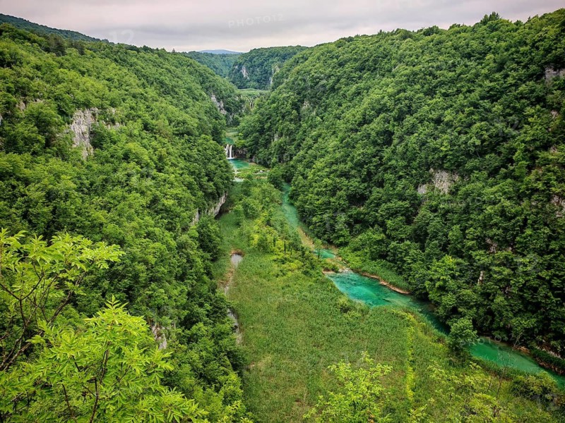 Panorama of a lush forest landscape with emerald green river and waterfalls, Plitvice Lakes National Park, Croatia