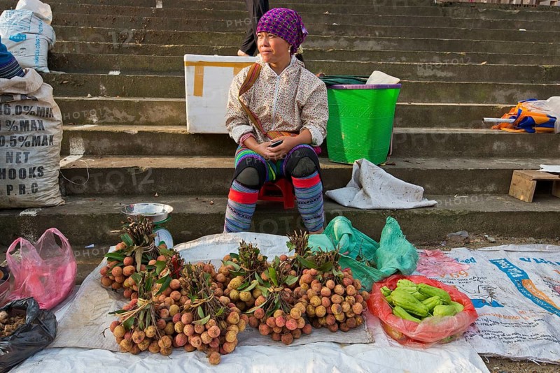 Woman wearing flower Hmong clothes selling fruit and vegetables, Sunday market, Bac Ha, North Vietnam