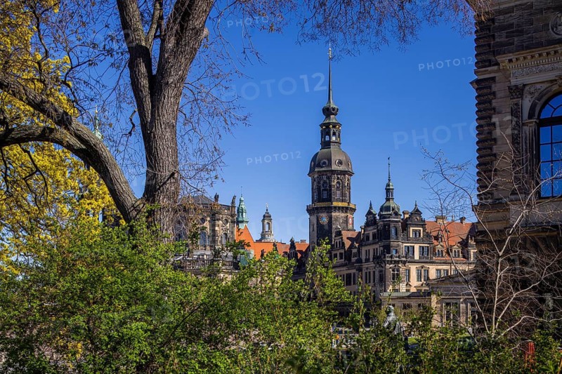 View from Zwingerwall to Theaterplatz with Hofkirche, Residenzschloss and Schinkelwache, Dresden, Saxony, Germany