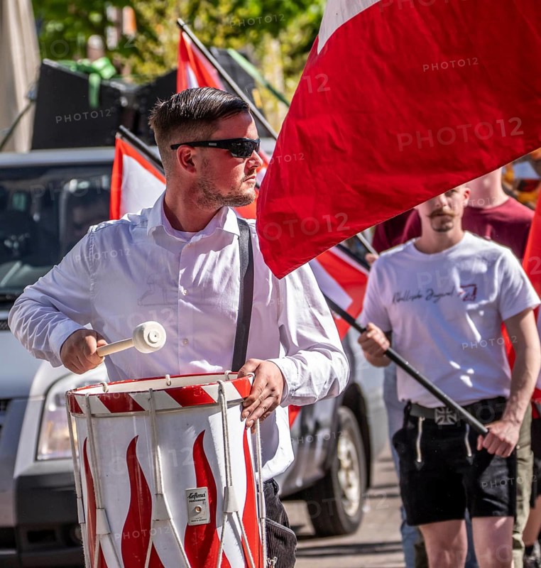 Party Die Heimat, successor of the NPD, demonstrates in downtown Essen on May 1, demands remigration of foreigners, Germany chants out the German foreigner, approx. 250 ultra-right followers of the party from all over Germany with trendy clothing, Essen, North Rhine-Westphalia, Germany