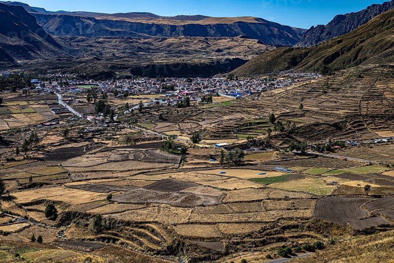 Mountain landscape with terraced fields in Colcacanon, Canon del Colca, Andes, Southern Peru, Peru, South America