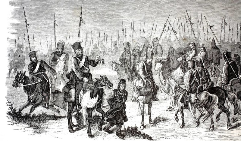 Cavalry unit of Russian Cossacks riding their typical, sturdy horses and carrying long lances. The riders wear traditional uniforms and high fur hats, papachas. In the background is a dense forest of long lances, the typical primary weapon of the light Cossack cavalry in the 18th and 19th century, illustration, reproduction of a model from the 19th century. Authentic, file restored for optimal use, exact date of submission unknown, historical
