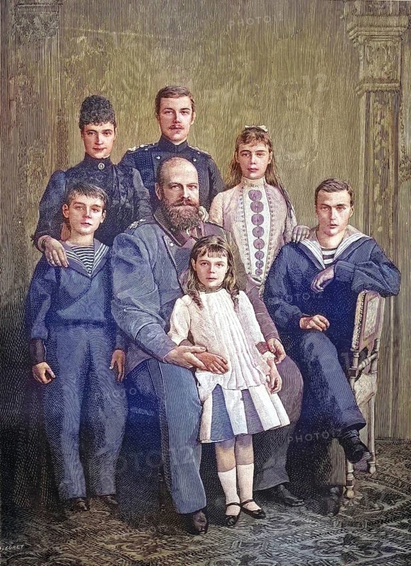 Russian tsarist family from around 1881, on display are Tsar Alexander III, his woman Maria Fyodorovna and their children, including the later Tsar Nicholas II, reproduction from a 19th-century model. Authentic, file restored for optimal use, exact date of original unknown, nostalgically colored
