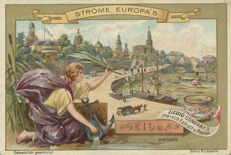 Picture series Streams of Europe, harbour view of Dresden showing the Elbe, Liebigbild, digitally restored reproduction of a collector's painting from around 1900, exact date unknown