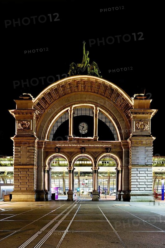 Archway on the station square, light installation at dusk, Lilu, Light Festival 2023, Lucerne, Canton of Lucerne, Switzerland