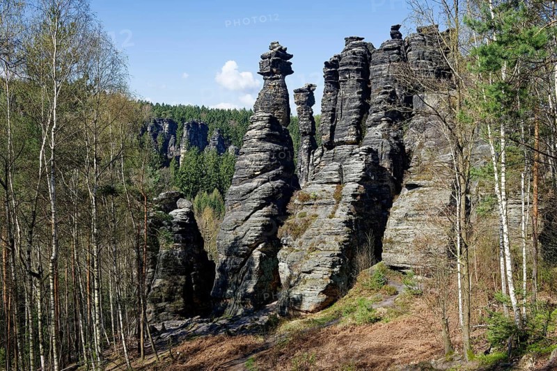 Rock formations, rock towers Hercules columns, natural wonders, climbing rocks, excursion destination, stone formation, rock landscape, ottomill, Biela Valley, Elbe Sandstone Mountains, Saxon Switzerland, Saxony, Germany