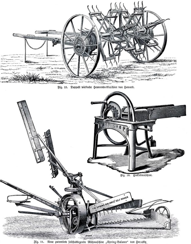 Agricultural machinery, Howard double-acting haymaking machine, chopper, new patented self-laying spring balance mower from Horasby, field work, turning hay, harvesting, chopping, work, relief, help, invention, mechanization, mechanics, technology, 19th century, horsepower, historical illustration 1891
