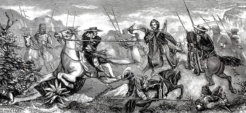 Battle between the forces of Díaz and those of Iglesias at Matamoros, Mexican–American War (1846), illustration, reproduction of a 19th-century original. Authentic, file restored for optimal use, exact date of the original unknown, historical