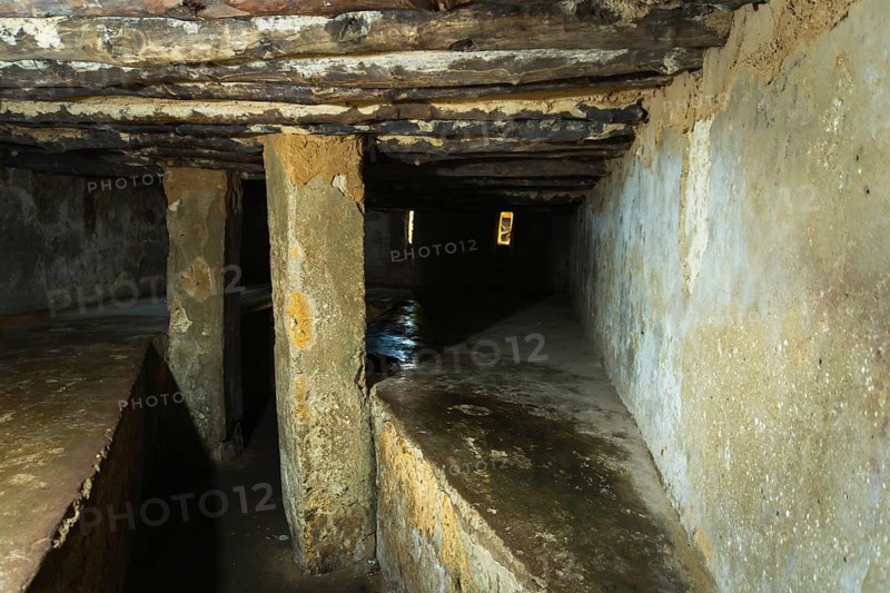 Interior of an underground slave holding chamber in Stone Town, Zanzibar. Low-angle view of cramped stone platforms and narrow air slits in a somber historic site