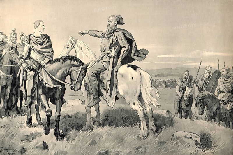 Meeting between the Roman general Julius Caesar, Caesar, and the Germanic king and general Ariovistus, meeting in 58 BC in Gaul, school painting, illustration, reproduction from a model from the 19th century. School picture, mural, authentic, file restored for optimal use, exact date of original unknown, historical