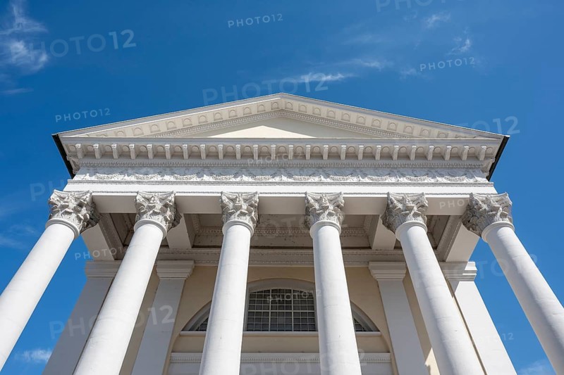 Detailed view of the Lutheran town church with magnificent façade and Corinthian columns in the style of a Greek temple, classicism, Karlsruhe, Baden-Württemberg, Germany