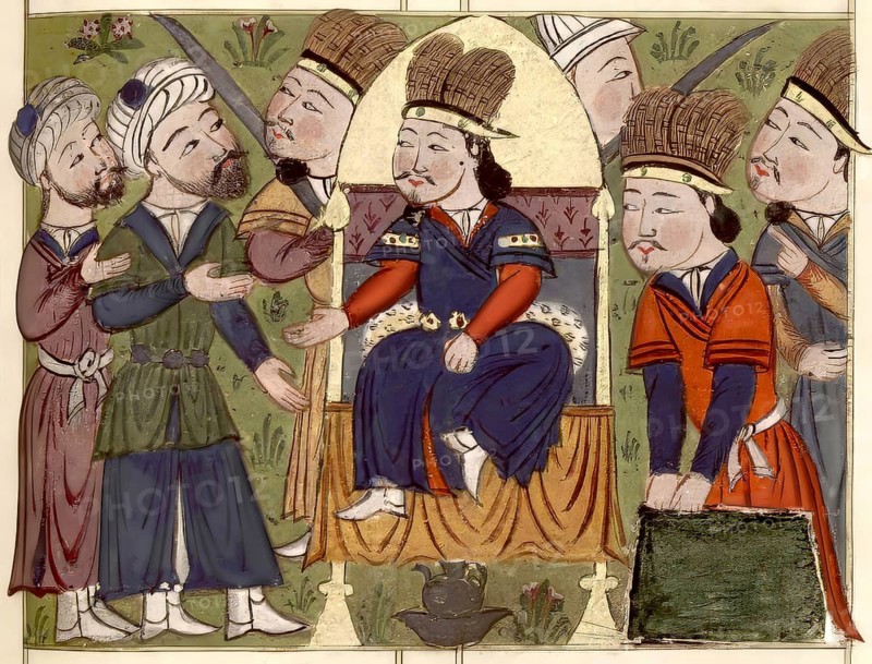 Genghis Khan with Persian merchants, digitally edited based on a fifteenth-century miniature, Dschingis Khan, or Chinggis Khan, born Temüjin, Temüdschin or Temüüdschin, c.?1162 – 1227, also known as Chinggis Khan, founder and first khan of the Mongol Empire