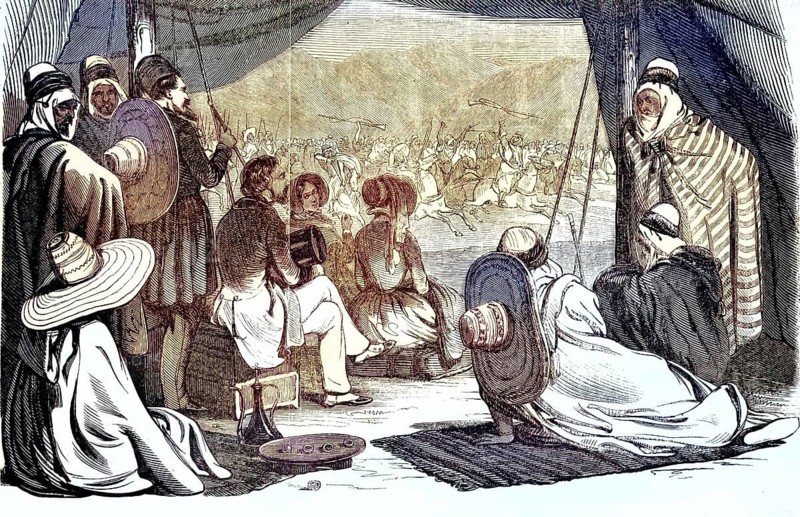 19th century illustration depicts the Moroccan Fantasia tradition known as Tbourida. Scene depicts stylized cavalry attacks that serve as a celebration of regional history, here visitors in a tent, Morocco, illustration, reproduction of a model from the 19th century. Authentic, file restored for optimal use, exact date of original unknown, historical, colored