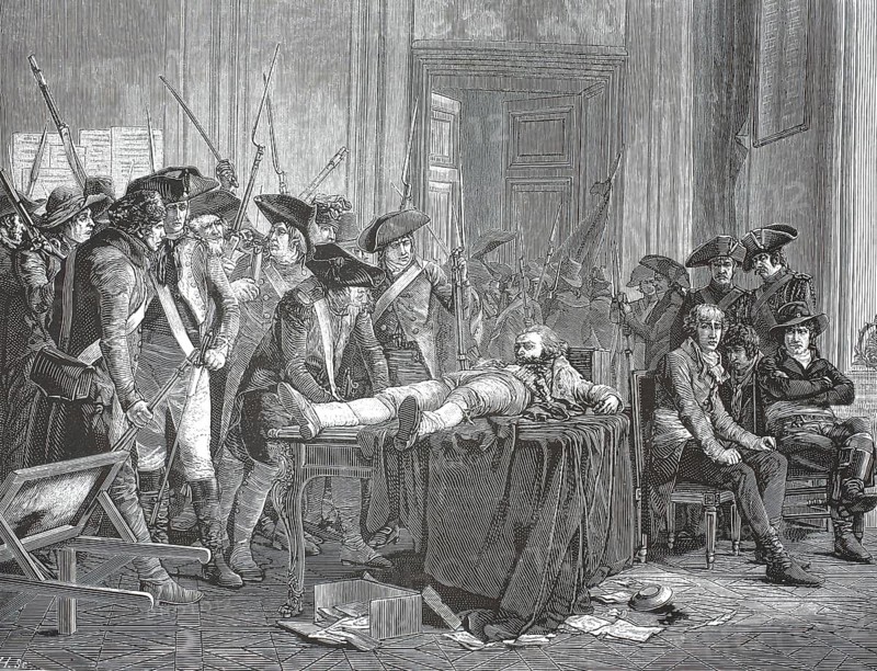Maximilien Robespierre lying wounded on a table in the Assembly Hall after shooting himself in the jaw during the fall (27 July 1794) . Scene depicts Robespierre's final moments as he awaits his execution the next day, illustration, reproduction from a 19th century original. Authentic, file restored for optimal use, exact date of original unknown, Historical