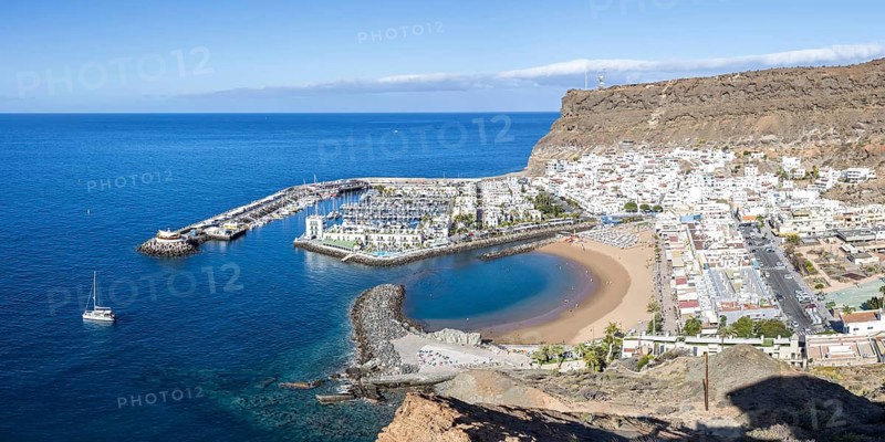 Puerto de Mogan in Gran Canaria from above Sea holidays Beach Marina panoramic trip in Puerto de Mogán, Spain