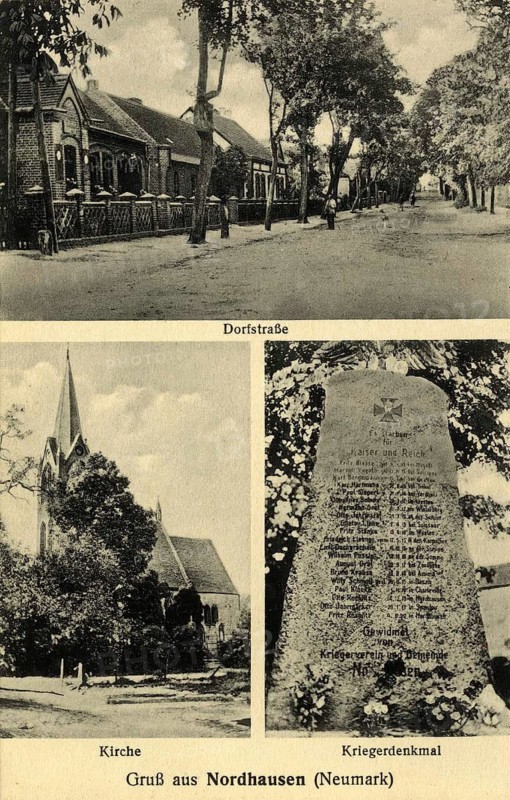 Historical views from Nordhausen (Neumark), including the village street, the church and a war memorial, Poland, authentic reproduction of an old picture postcard, around 1910, historical, exact date unknown