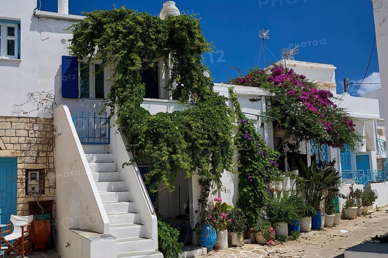 White houses with blue shutters and green plants in sunny surroundings, main town on Kimolos, Kimolos, Chorio, Kimolos island, neighboring island of Milos, Cyclades, Greek Islands, Greece