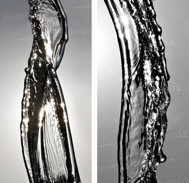 A pair of images of water moving in backlight in front of the sun frozen by short exposure