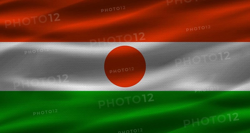 Nigerien flag with fabric texture. Realistic flag of Niger waving