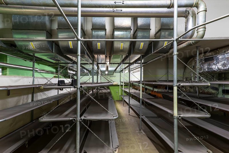 Bedroom in a disused nuclear bunker, built for 2, 400 people in the 1970s under Nuremberg Central Station, Nuremberg, Middle Franconia, Bavaria, Germany