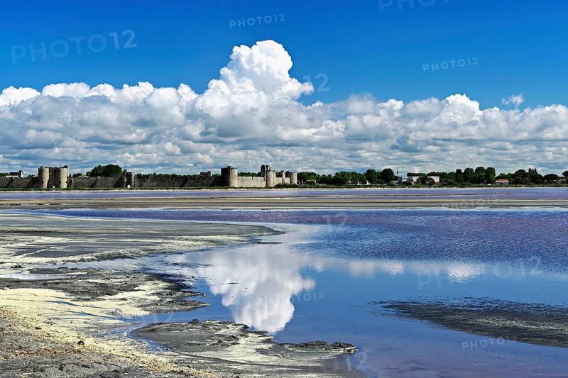 Salt marshes of the Salins du Midi, behind the historic city wall, Aigues-Mortes, Camargue, southern France, France