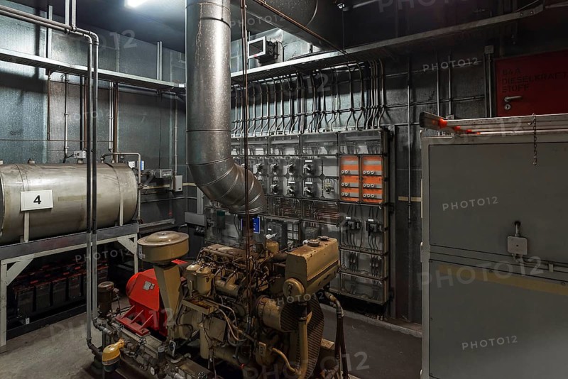 Diesel generator for energy supply in a disused nuclear bunker, built for 2, 400 people in the 1970s under Nuremberg Central Station, Nuremberg, Middle Franconia, Bavaria, Germany