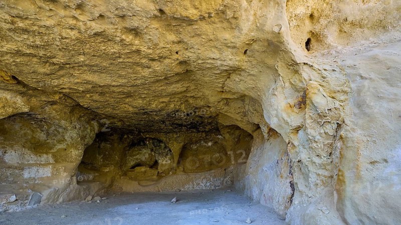 Neolithic caves, former hippie paradise, sandstone cave with dry, calm atmosphere in natural light, Matala, south coast, Crete, Greek Islands, Greece