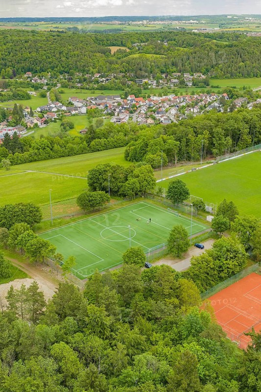 An artificial turf soccer field and several tennis courts surrounded by trees near the village, Aidlingen sports field, Böblingen district, Germany