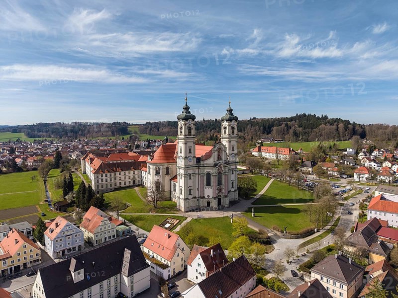 Aerial view of the Baroque Basilica of St. Alexander and Theodor, Ottobeuren Abbey, Ottobeuren, Unterallgäu, Bavaria, Germany