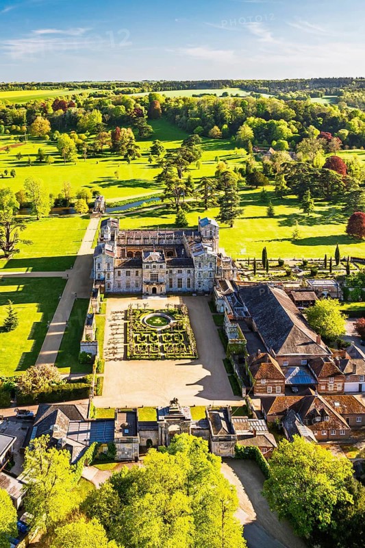 Wilton House from a drone, Wilton, River Nadder, Salisbury, Wiltshire, England, United Kingdom